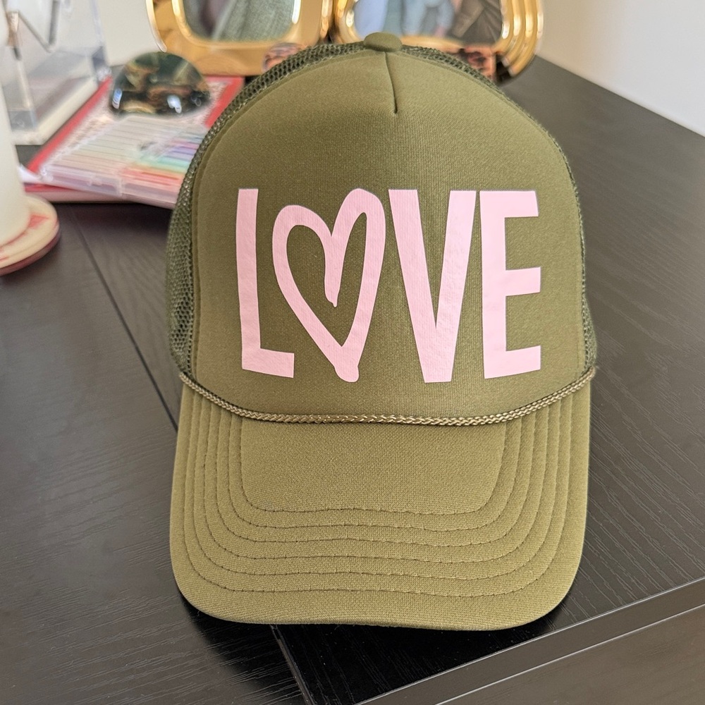 Olive Green 'LOVE' Trucker Hat with Pink Lettering